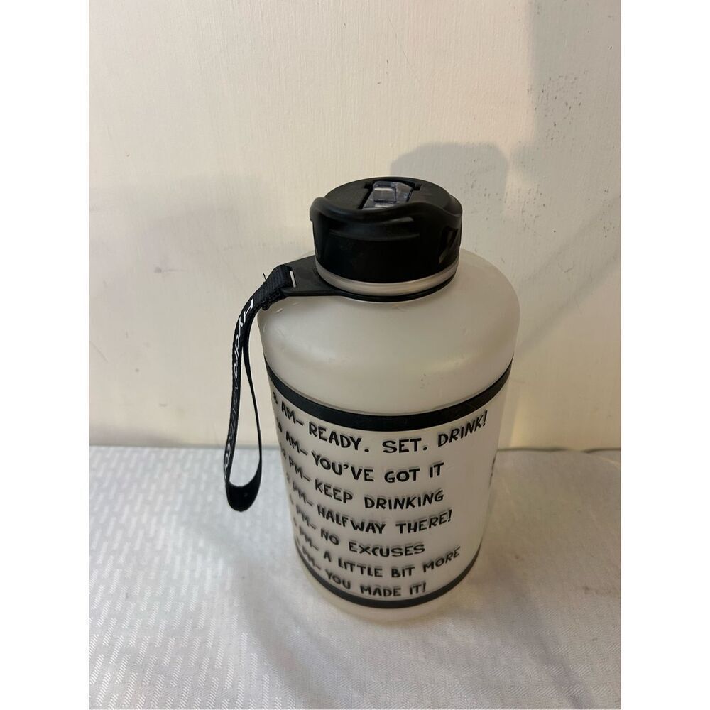 Hydromate Water jugs clear black‎ writing time phrases with strap